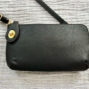 Dark Navy Blue VERA BRADLEY leather crossbody or wristlet with gold accents